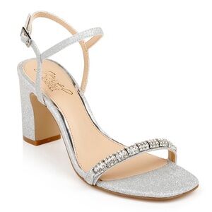 New Jewel Badgley Mischka Charlee Block Heel Bling Silver Glitter Sz 6